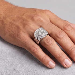 Square Double Halo Signet with Enamel Cross Shoulders Moissanite Ring in sterling silver, worn on hand