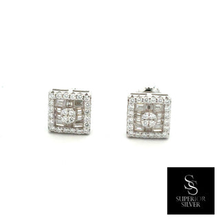 Square halo cluster center moissanite stud earrings in sterling silver, view 2
