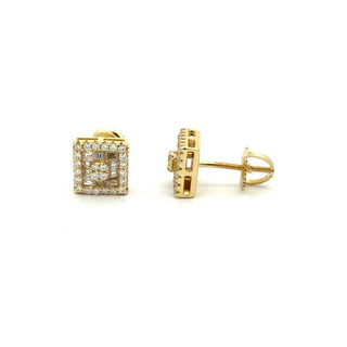 Square halo cluster center moissanite stud earrings in yellow gold vermeil over sterling silver