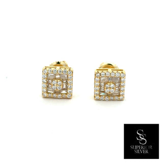 Square halo cluster center moissanite stud earrings in yellow gold vermeil over sterling silver, view 2