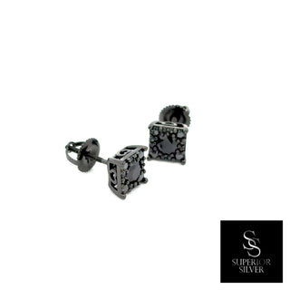Square halo round solitaire moissanite stud earrings in black rhodium over sterling silver