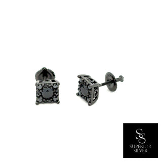 Square halo round solitaire moissanite stud earrings in black rhodium over sterling silver, view 2