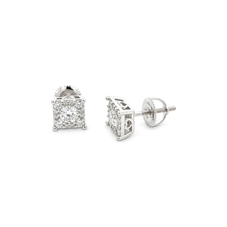 Square halo round solitaire moissanite stud earrings in sterling silver
