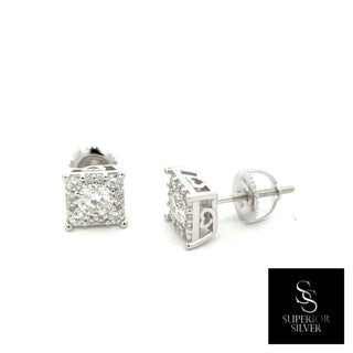 Square halo round solitaire moissanite stud earrings in sterling silver, view 2