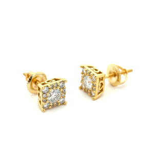 Square halo round solitaire moissanite stud earrings in yellow gold vermeil over sterling silver