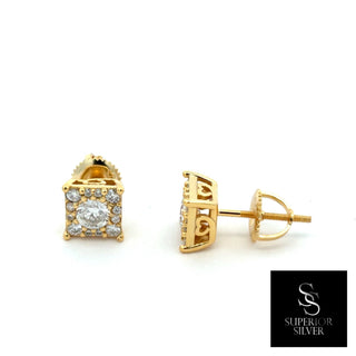 Square halo round solitaire moissanite stud earrings in yellow gold vermeil over sterling silver, view 2