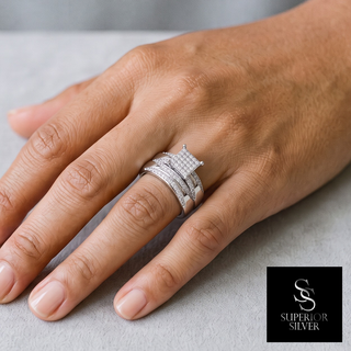 Square Pavé Cluster Bridal Set Moissanite Ring in sterling silver, worn on hand