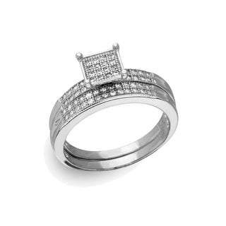 Square Pavé Cluster Top Bridal Set Moissanite Ring in sterling silver