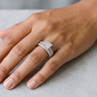 Square Pavé Cluster Top Bridal Set Moissanite Ring in sterling silver, worn on hand