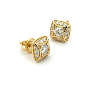 Square pavé frame round center moissanite stud earrings in yellow gold vermeil over sterling silver