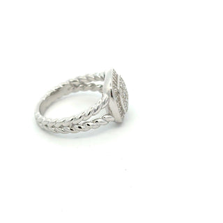 Square pavé top on twisted cable split band moissanite ring in sterling silver