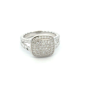 Square pavé top on twisted cable split band moissanite ring in sterling silver, view 2
