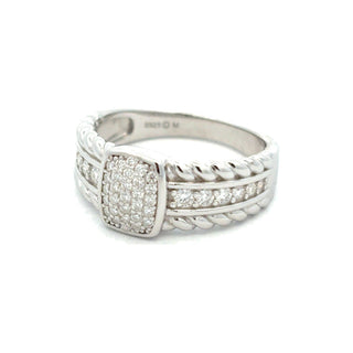 Square pavé top with rope shoulders moissanite ring in sterling silver
