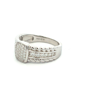 Square pavé top with rope shoulders moissanite ring in sterling silver, view 2