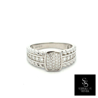 Square pavé top with rope shoulders moissanite ring in sterling silver, view 3