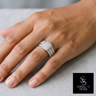 Square Pavé Top with Rope Shoulders Moissanite Ring in sterling silver, worn on hand
