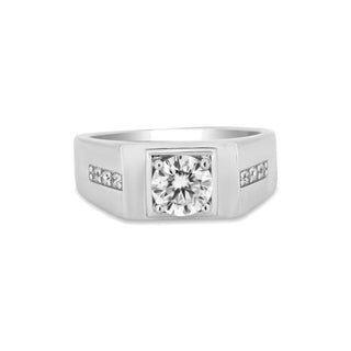 Square-Set Round Solitaire Signet with Pavé Sides Moissanite Ring in sterling silver