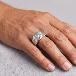 Square-Set Round Solitaire Signet with Pavé Sides Moissanite Ring in sterling silver, worn on hand