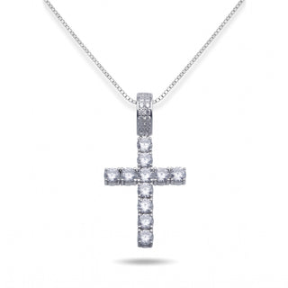 Square-Set Round Stone Cross Moissanite Pendant in Sterling Silver on chain
