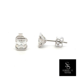 Square step-cut half-bezel moissanite stud earrings in sterling silver, view 2