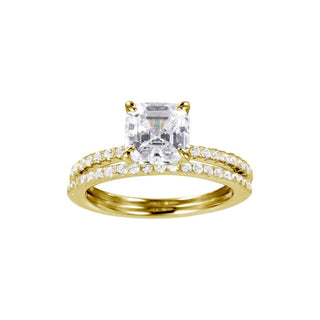 Square Step-Cut Solitaire Bridal Set Moissanite Ring in yellow gold over sterling silver