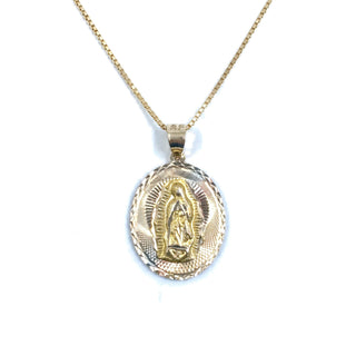 St Jude & Mother Mary Double Sided Medallion 14K Yellow Gold Pendant on box chain Mother Mary side