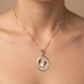 St Jude & Mother Mary Double Sided Medallion 14K Yellow Gold Pendant worn on model
