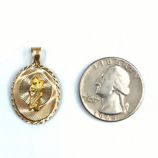 St Jude & Mother Mary Double Sided Medallion 14K Yellow Gold Pendant quarter size comparison