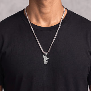 St. Michael the Archangel over the Dragon Moissanite Pendant in sterling silver, worn on model