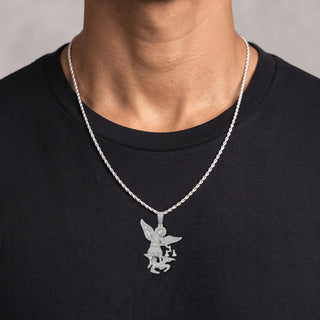 St. Michael the Archangel over the Winged Devil Moissanite Pendant in sterling silver, worn on model