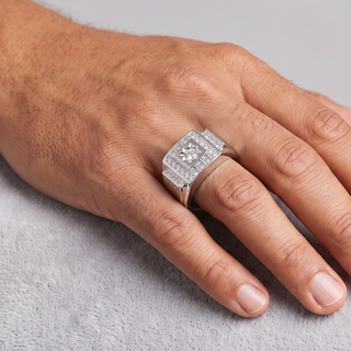 Star-Set Square Signet with Princess Rows Moissanite Ring in sterling silver, worn on hand
