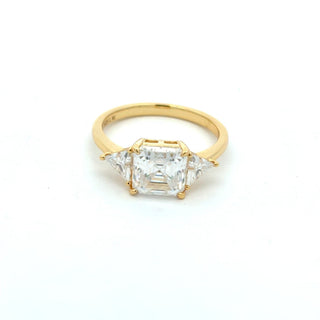 Step-Cut center with trillion sides moissanite ring in yellow gold vermeil over sterling silver