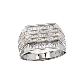 Stepped Baguette and Pavé Row Signet Moissanite Ring in sterling silver