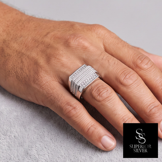 Stepped Baguette and Pavé Row Signet Moissanite Ring in sterling silver, worn on hand