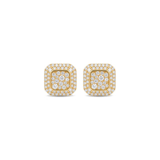 Stepped octagon pavé moissanite stud earrings in yellow gold vermeil over sterling silver
