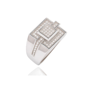 Stepped Square Pavé Top with Pavé Shank Lines Moissanite Ring in sterling silver