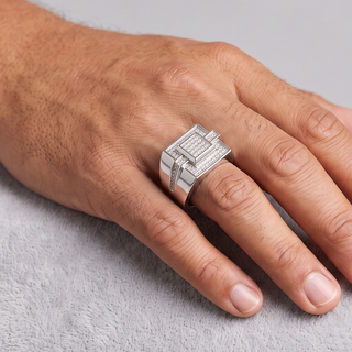 Stepped Square Pavé Top with Pavé Shank Lines Moissanite Ring in sterling silver, worn on hand