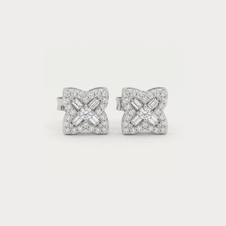 Baguette flower moissanite stud earrings in rhodium-plated sterling silver