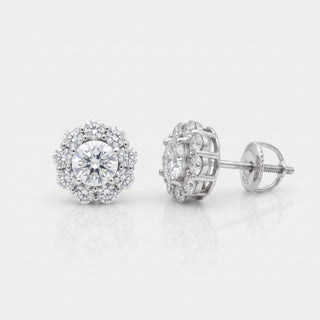 Sterling silver round flower halo moissanite stud earrings, hero