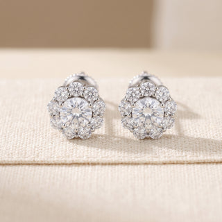 Sterling silver round flower halo moissanite stud earrings, macro detail of the petal halo