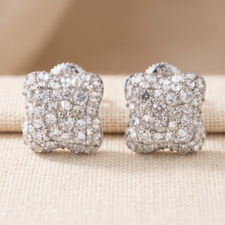 Sterling silver scalloped square pave moissanite stud earrings, macro detail