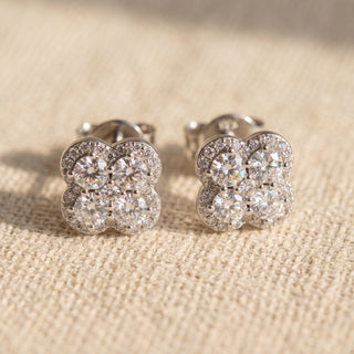 Sterling silver 1ct round moissanite clover cluster stud earrings, macro detail