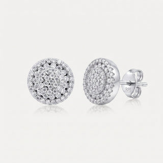 Round pavé disc moissanite stud earrings in rhodium-plated sterling silver