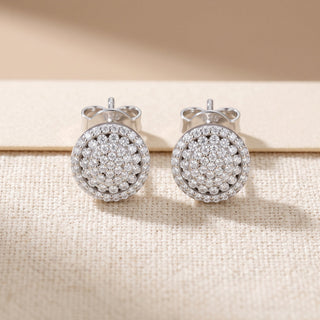 Close-up of the polished rim and low side profile on the sterling silver pavé disc stud