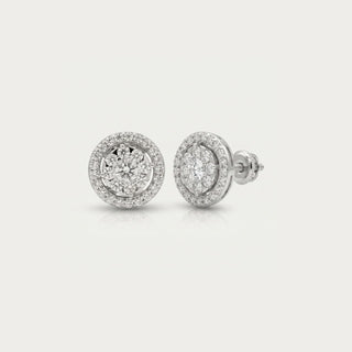 Flower cluster double halo moissanite stud earrings in rhodium-plated sterling silver
