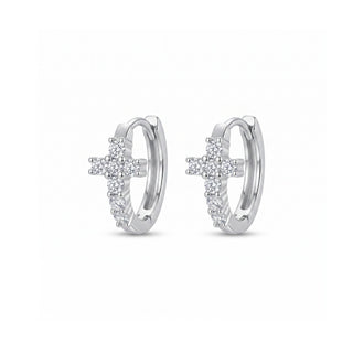 Slim cross moissanite huggie hoop earrings in rhodium-plated sterling silver