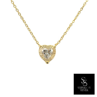 Sunburst heart frame pear stone moissanite necklace in yellow gold vermeil over sterling silver, view 2