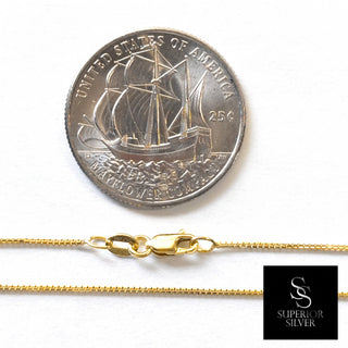 Superior Silver 10K yellow gold 0.9mm diamond-cut box link chain with spring ring clasp next to a US quarter coin