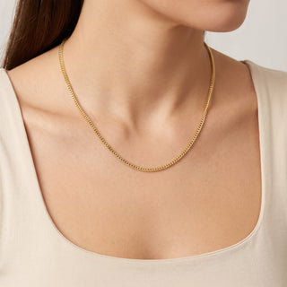 Superior Silver 22-inch 10K yellow gold Franco link chain worn around a woman's neck with a polished finish.