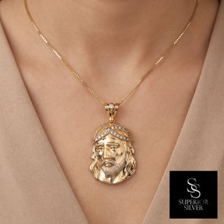 Superior Silver 10K yellow gold Jesus pendant with CZ stone crown of thorns worn on a gold chain